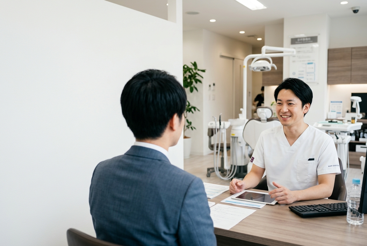 明るいクリニックでの相談風景 — 開業医専門のパートナーとして、先生とご家族の未来をともに描きます。
